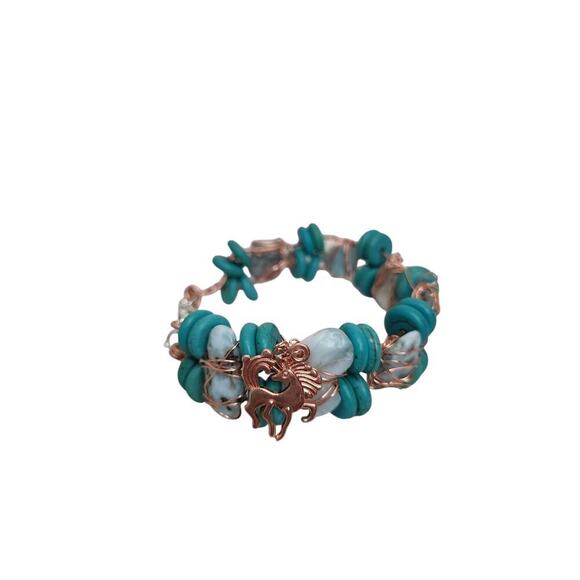Turquoise Heishi Cooper Wire Wrapped Larimer Unicorn Key Heart Bangle - Picture 15 of 16